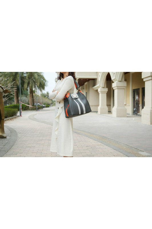 MKF Mirtha Hobo Handbag with matching wallet, featuring luxurious gold tone embellishments and spacious compartments, made from high-quality vegan leather.